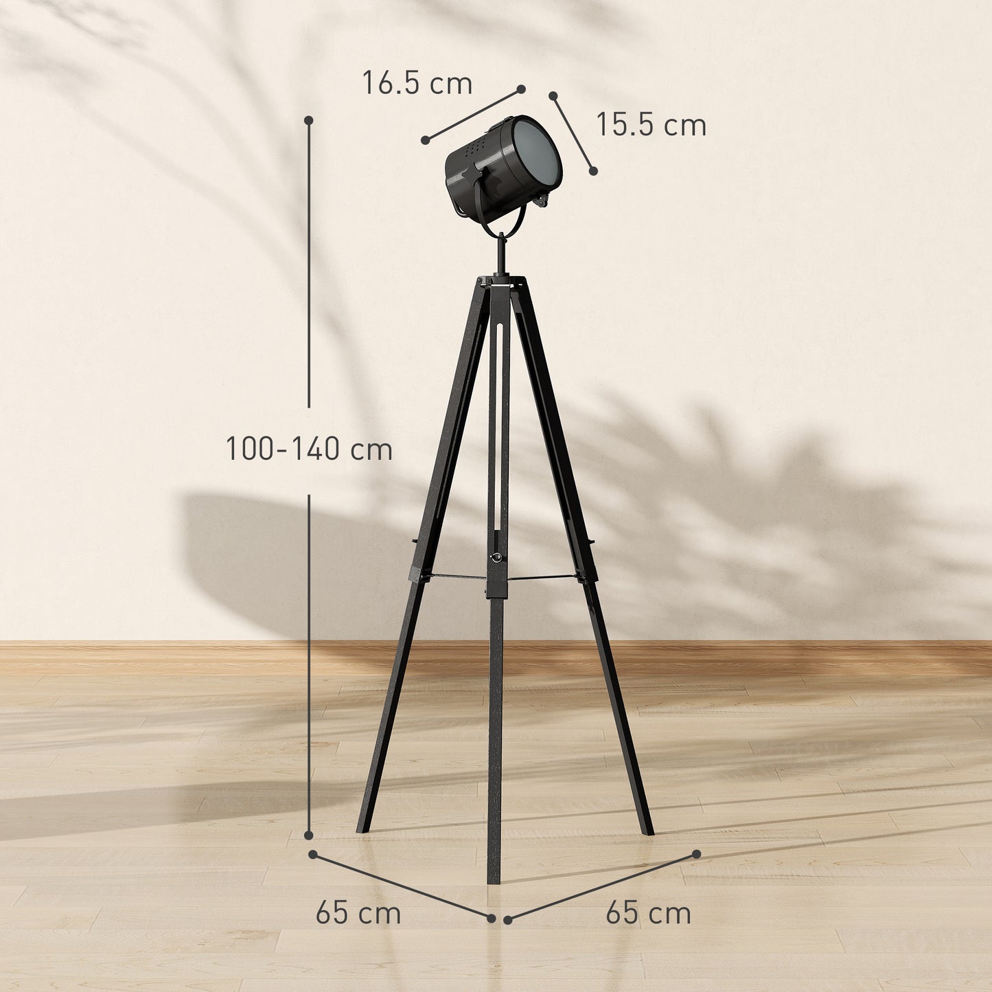Industrial Tripod Floor Lamp, Nautical Searchlight with Adjustable Height, Wood Legs, E14 Lamp Base for Living Room, Bedroom