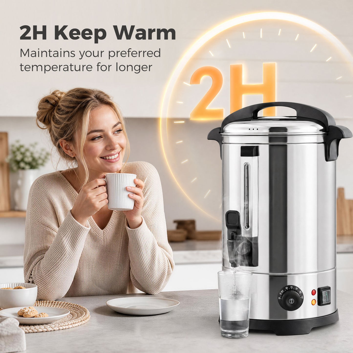 6.5L Catering Urn, 1500W Stainless Steel Hot Water Boiler Dispenser with Thermostat, Keep Warm Function & Easy Pour Tap