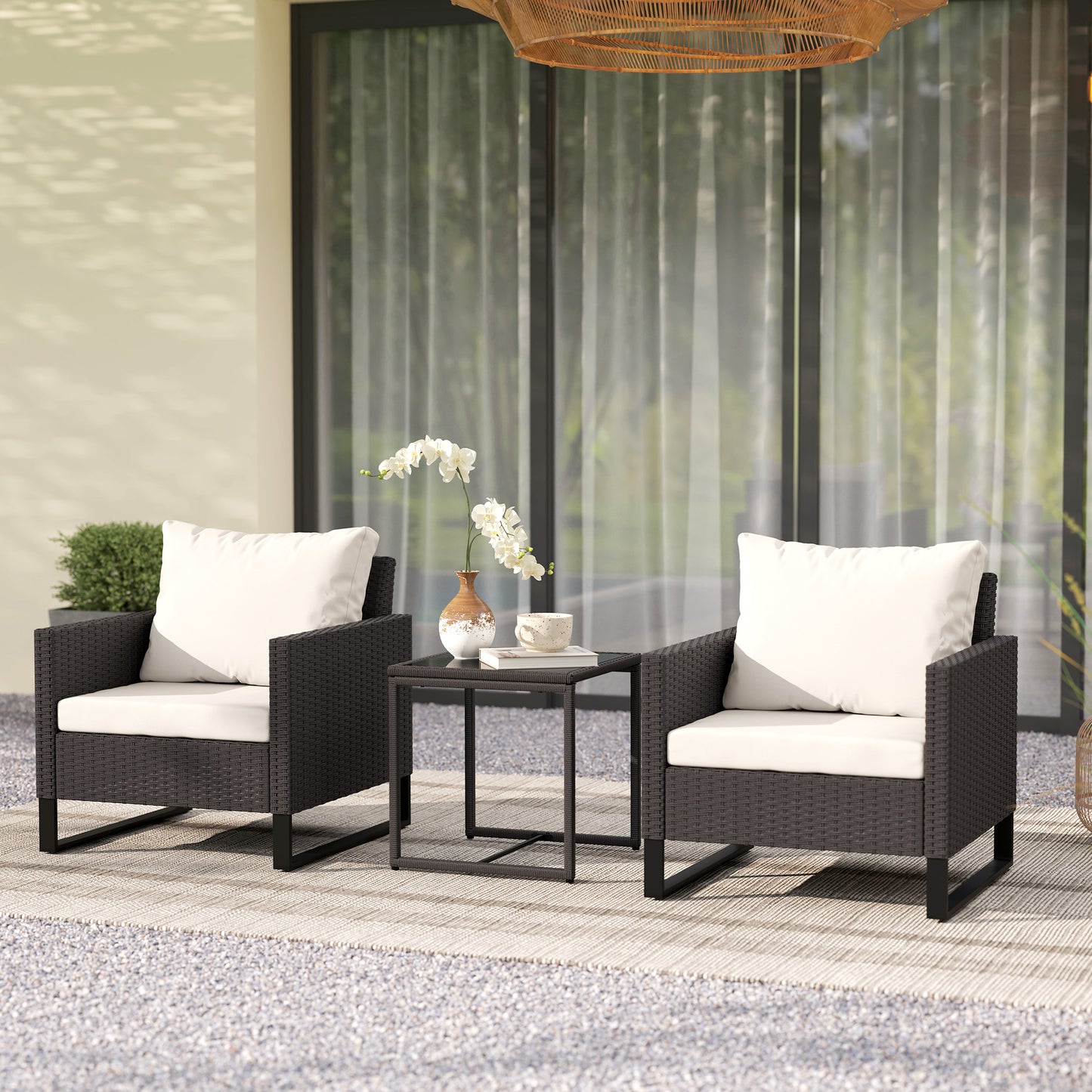 3 Pieces Rattan Bistro Set with 4 Cushions, Wicker Garden Furniture Set, Glass Top Coffee Table and Chairs for Outdoor Patio