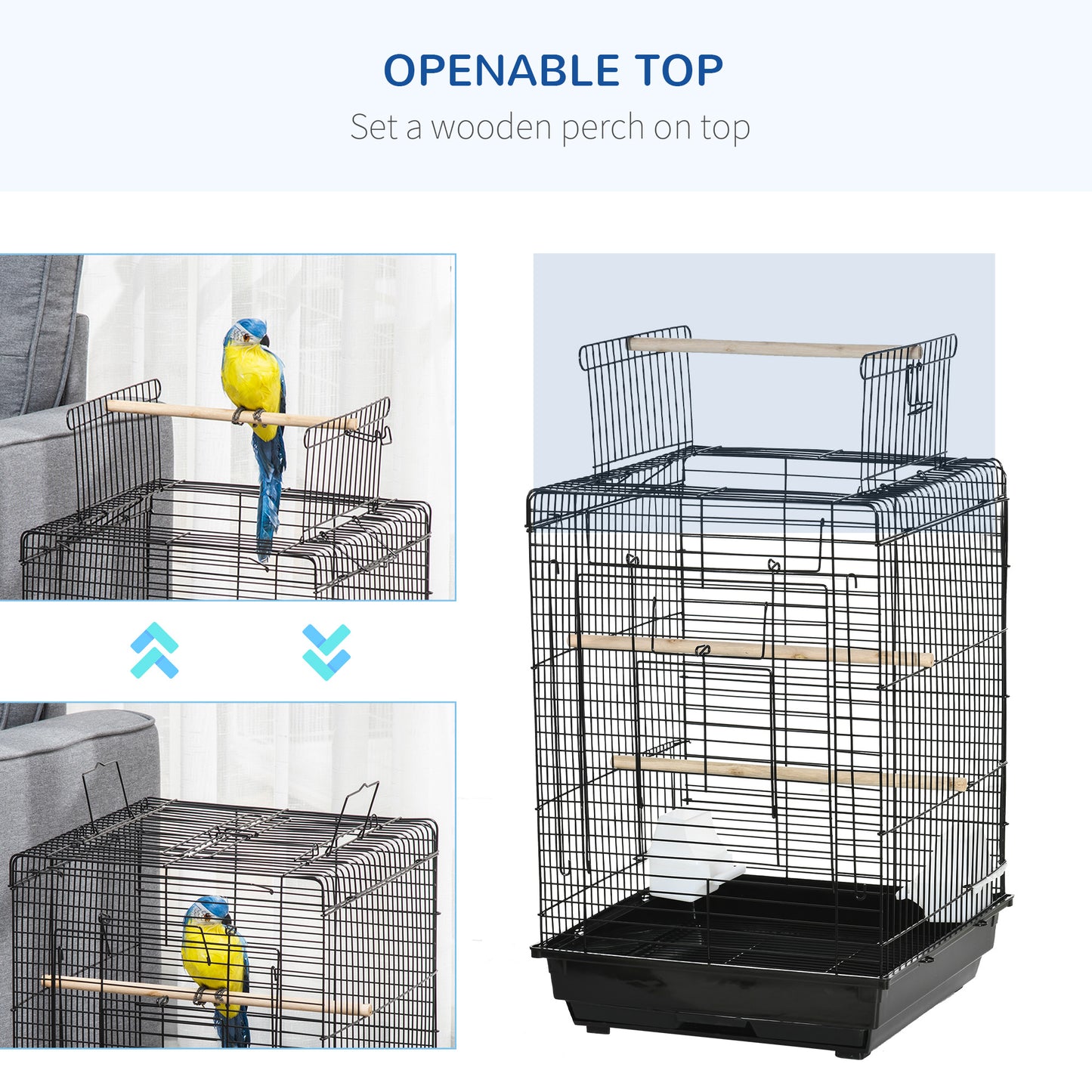 Steel Bird Cage with Openable Top, Stand, Tray, Handles, Feeding Bowls for Parakeet Cockatiel - Black