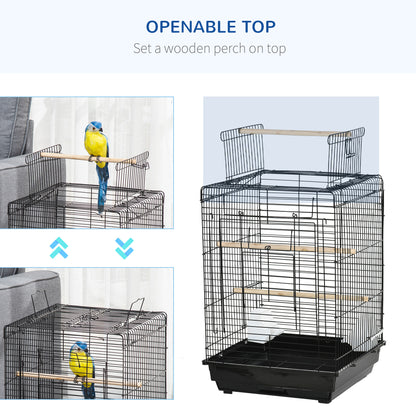 Steel Bird Cage with Openable Top, Stand, Tray, Handles, Feeding Bowls for Parakeet Cockatiel - Black