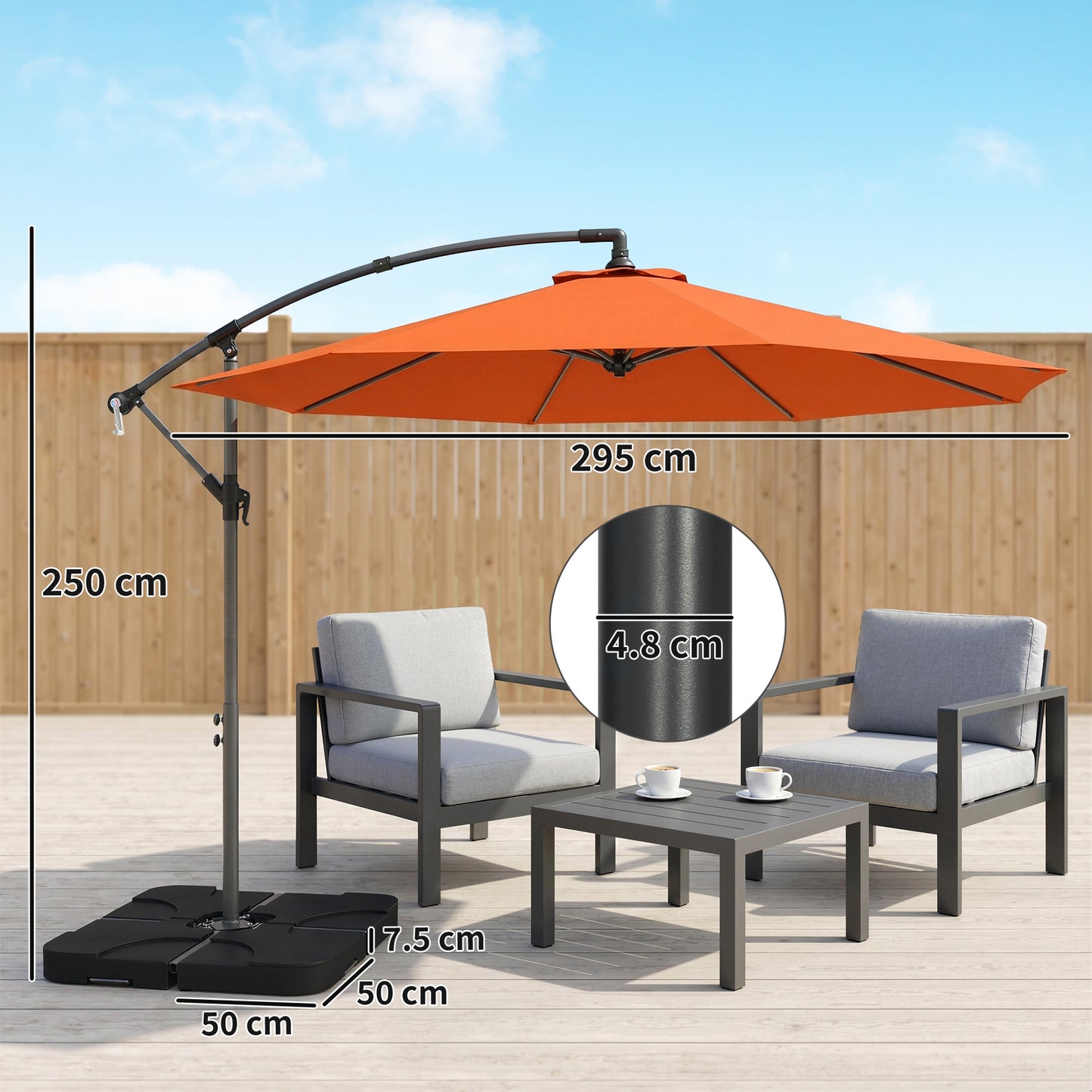 3m Overhanging Parasol, with Base, Weights and Cover - Orange