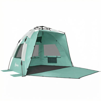 2-3 Person Pop Up Beach Tent, UPF15+ Sun Shelter with Extended Floor, Sandbags, Mesh Windows and Carry Bag, Green