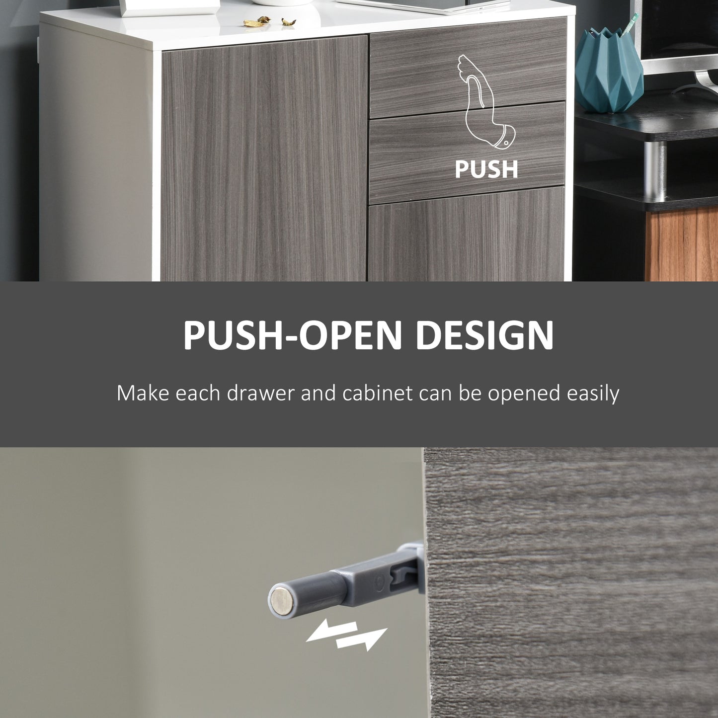 High Gloss Frame Sideboard, Side Cabinet, Push-Open Design with 2 Drawer for Living Room, Bedroom, Grey