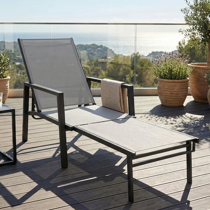 Sun Lounger Retracable Footrest 5-Position Adjustable Steel Frame for Beach, Porch, Patio, Camping, Dark Grey