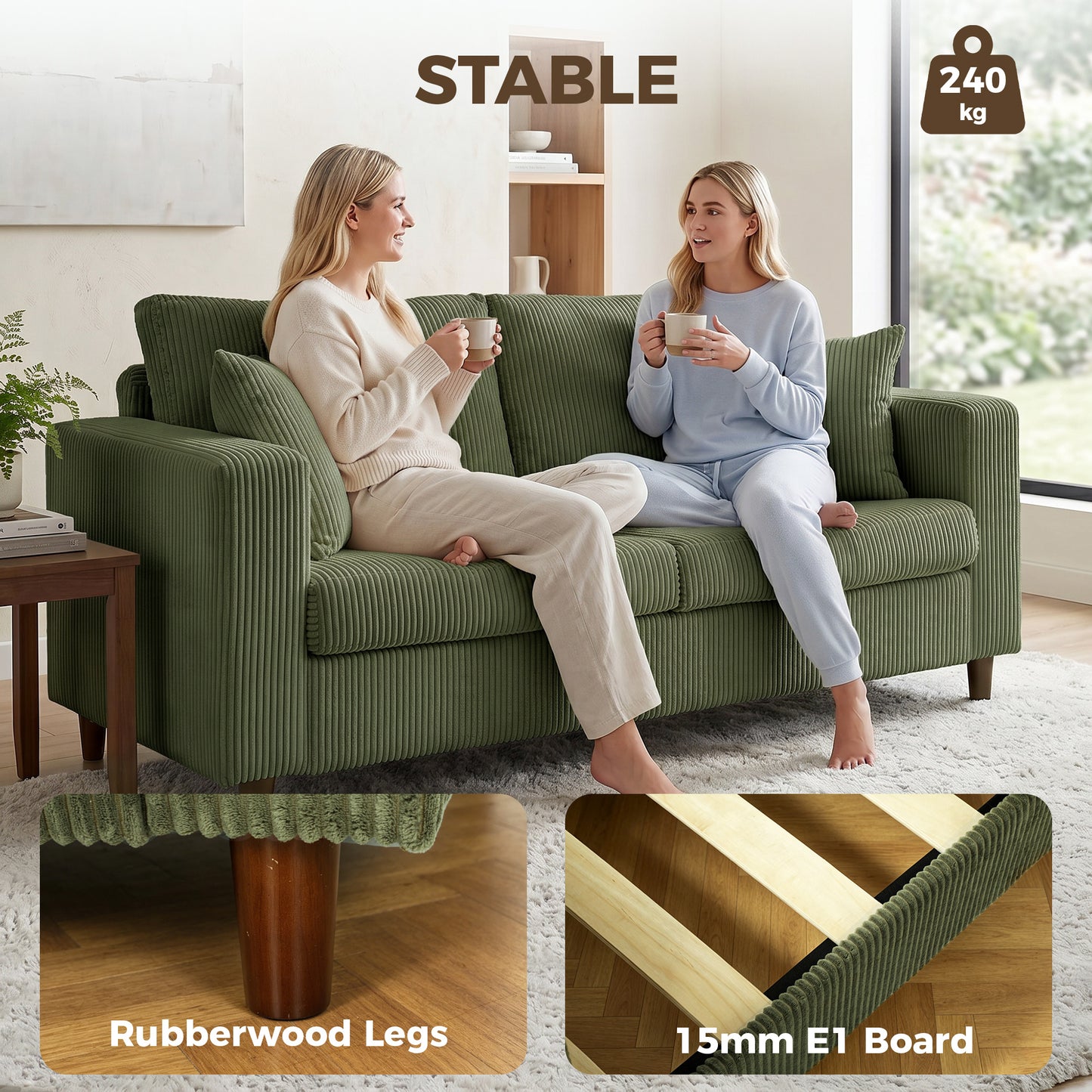 Loveseat Sofa with Wide Seat, Corduroy 2 Seater Couch with Deep Seat, Spring Cushion, Green
