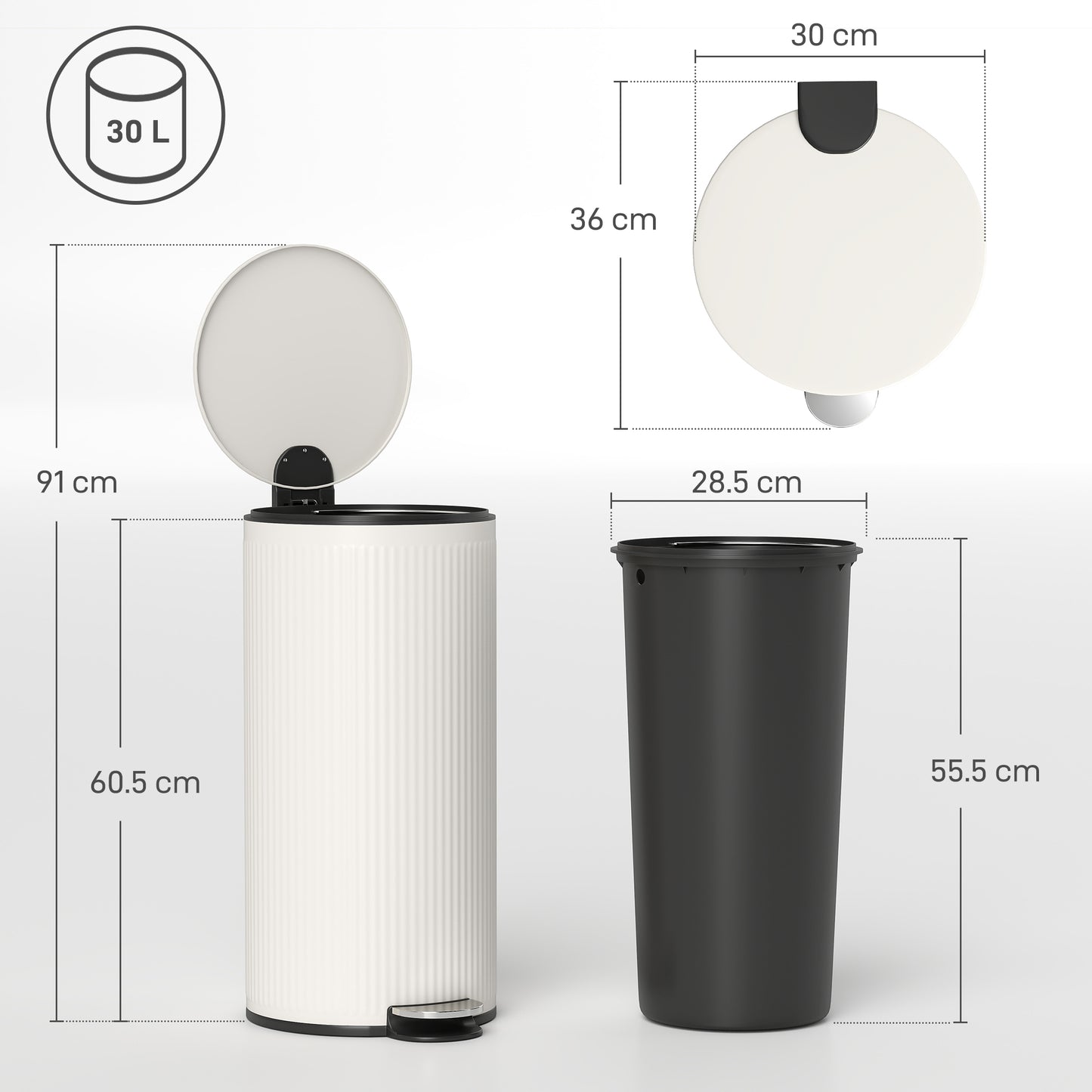 Kitchen Bin, 30 Litre Pedal Rubbish Bin with Removable Bucket, Cream