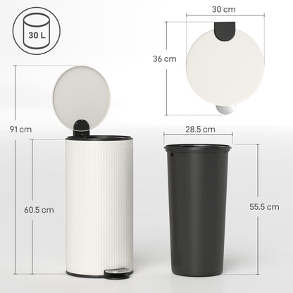 Kitchen Bin, 30 Litre Pedal Rubbish Bin with Removable Bucket, Cream