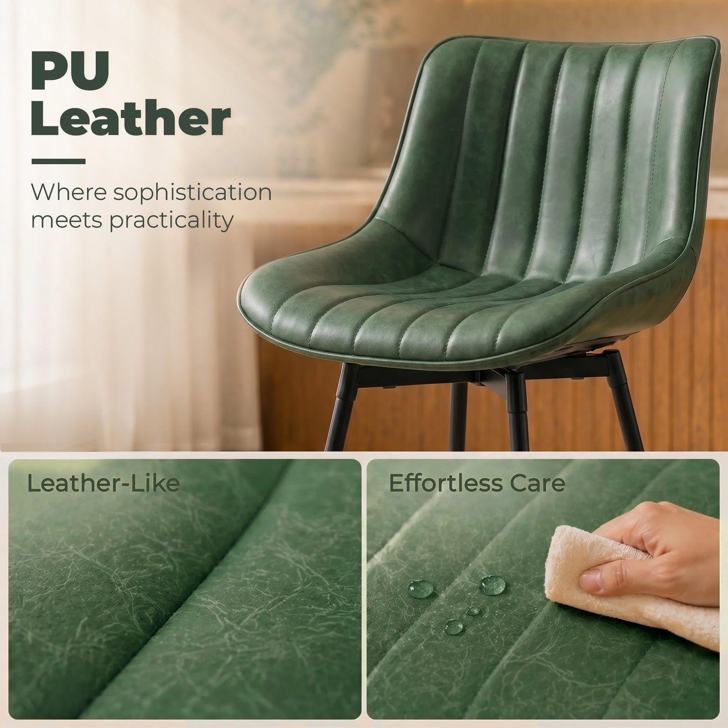 Set of 2 PU Leather Swivel Bar Stools - Dark Green