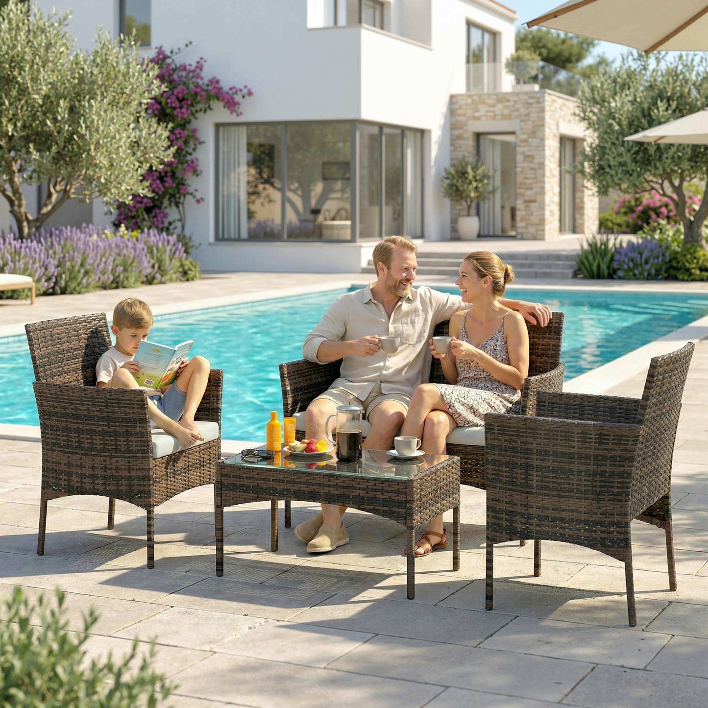 4 Piece Rattan Garden Furniture Sofa Set with Loveseat, Armchairs, Glass-Top Coffee Table and Cushions, Brown