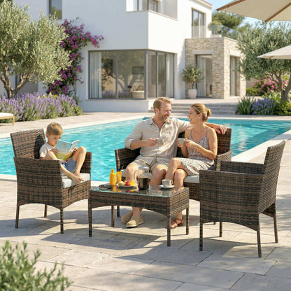 4 Piece Rattan Garden Furniture Sofa Set with Loveseat, Armchairs, Glass-Top Coffee Table and Cushions, Brown
