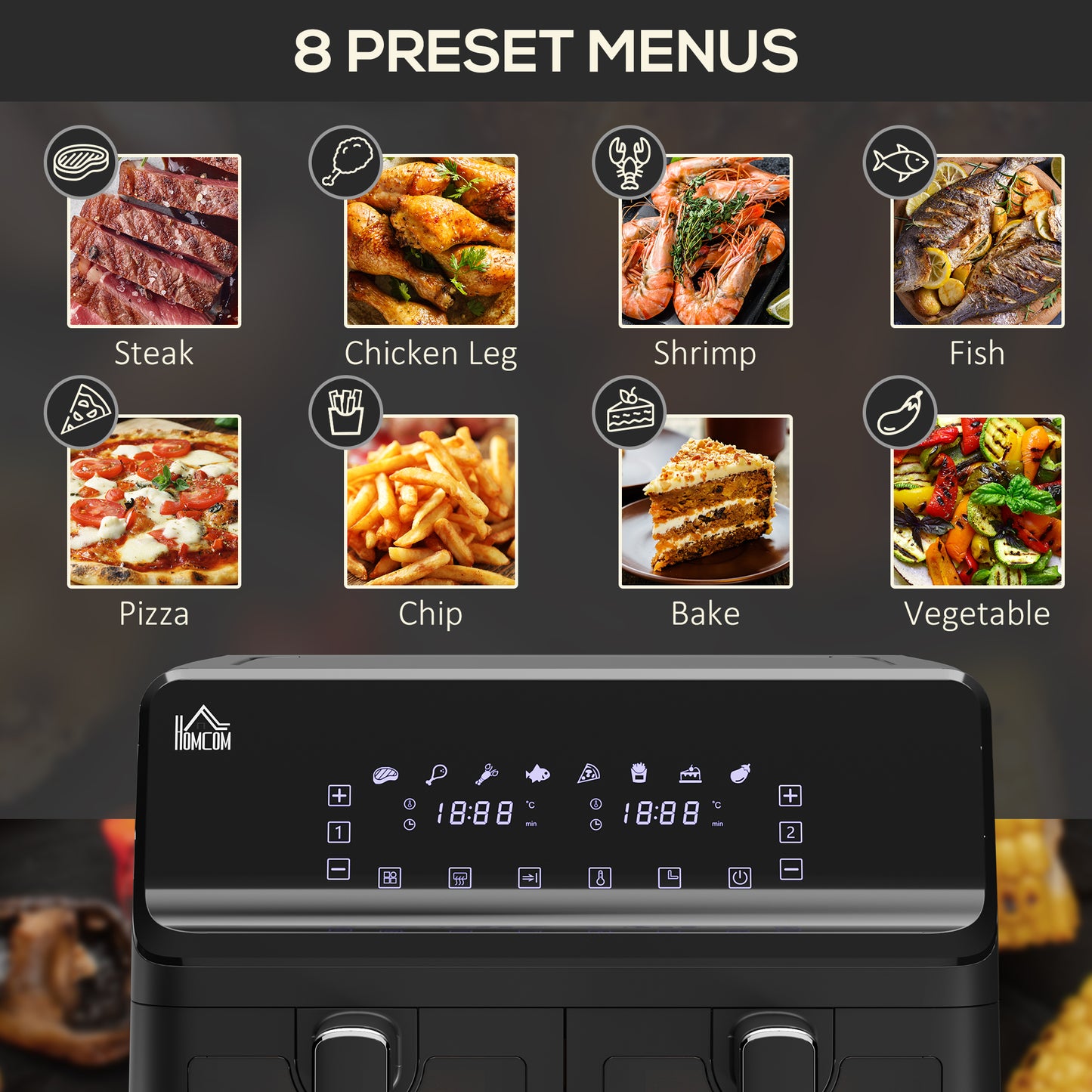 8L Dual Basket Air Fryer, 8-in-1 Air Fryer Oven with Digital Display, Visible, Timer, Preheat for Oil Free Low Fat Cooking