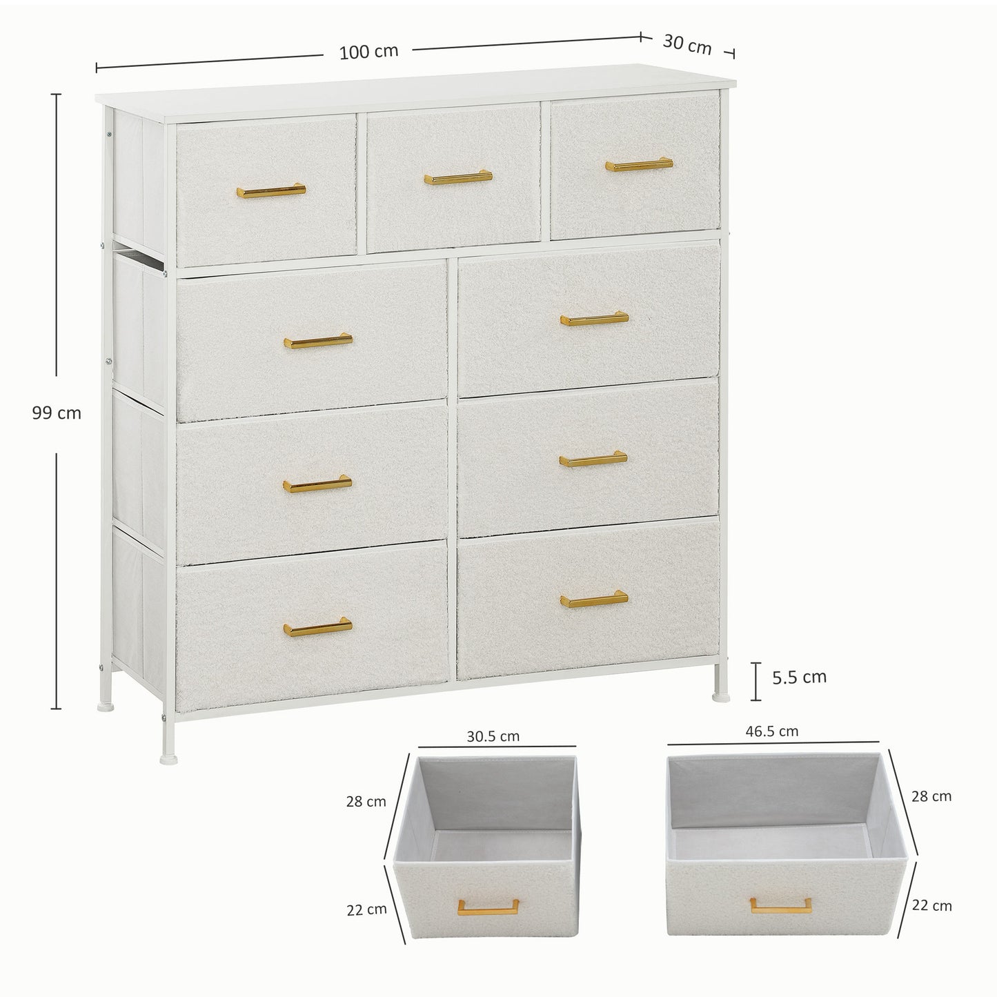 Chest of Drawers with 9 Fabric Drawers, Boucle Storage Organiser with Steel Frame, Fabric Dresser for Bedroom, Living Room