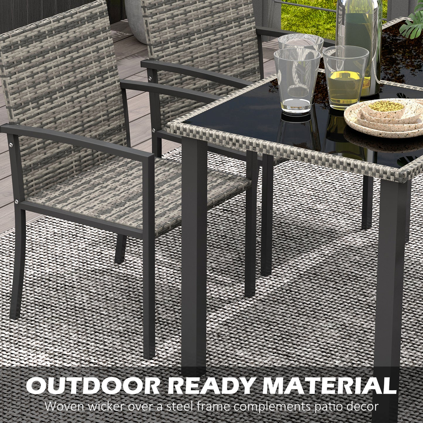 Outdoor Dining Set 5 Pieces Patio Conservatory with Tempered Glass Tabletop,4 Dining Chairs - Mixed Grey