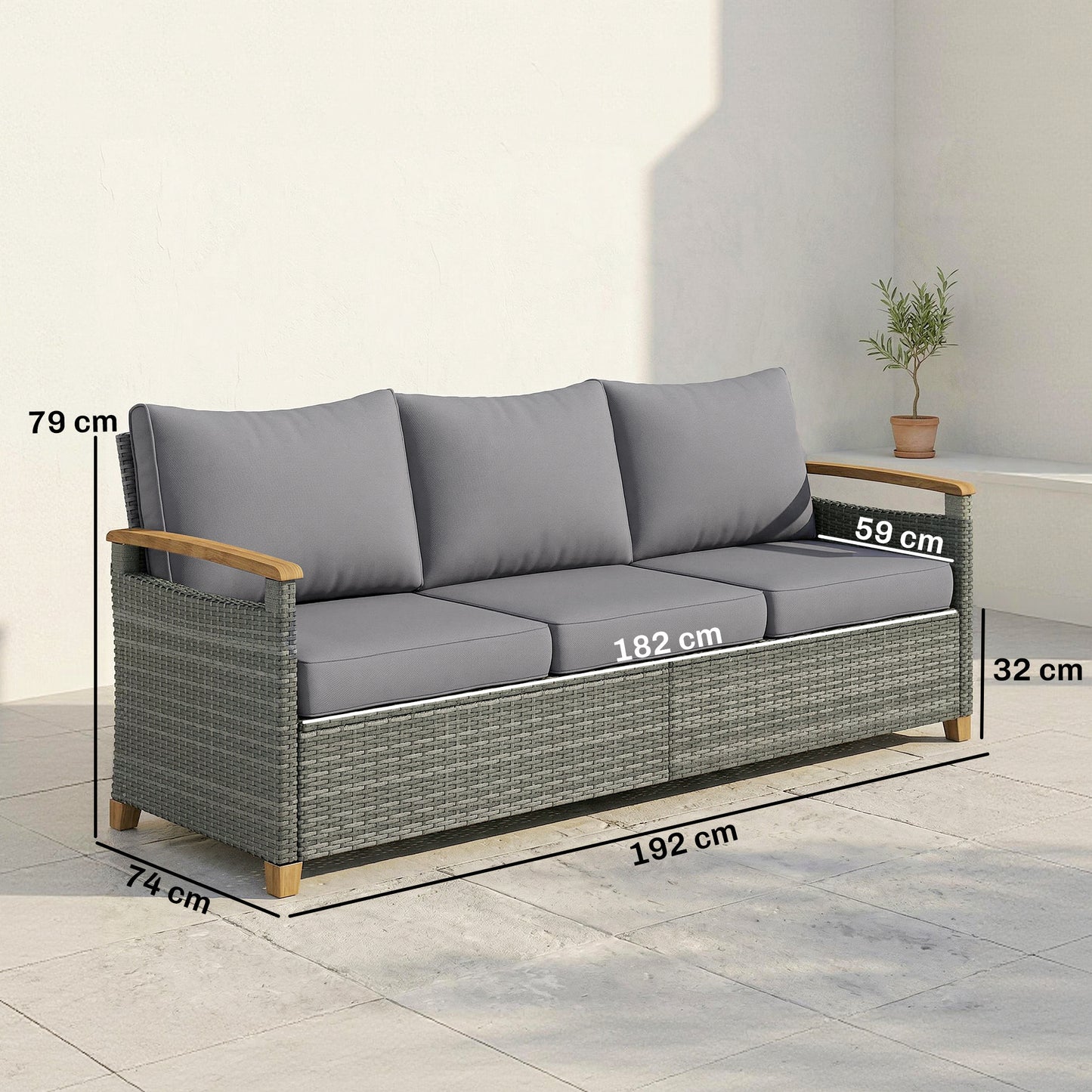 3 Seater Rattan Garden Sofa, PE Wicker Outdoor Sofa Wide Deep Seat, 4" Cushions, Wood-Effect Armrests Legs, Dark Grey