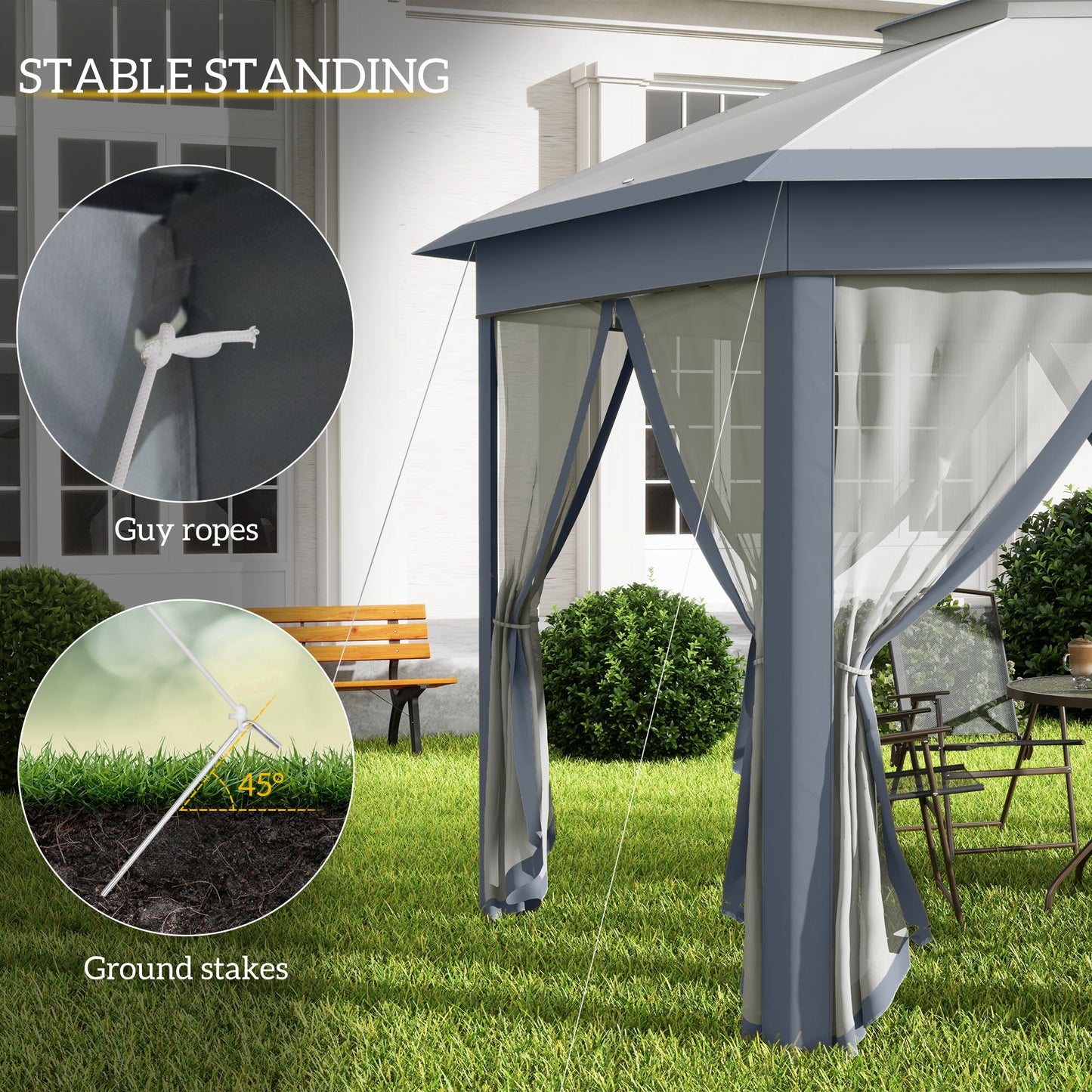 3 x 4m Metal Frame Hexagon Gazebo with UV-resistance Roof and Mesh Curtains - Grey