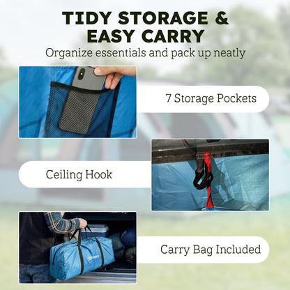 4 Person Easy Setup Family Camping Tent with 2 Rooms, Waterproof Tunnel Tent w/ Sewn In Groundsheet, Sky Blue & Grey