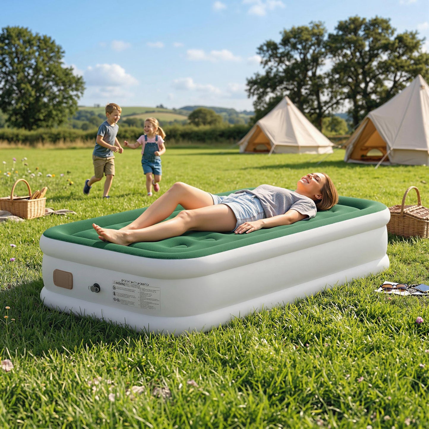 Inflatable Mattress, Single Air Bed with Built-in Electric Pump, 3 Mins Inflation, Flocked Surface, Dark Green