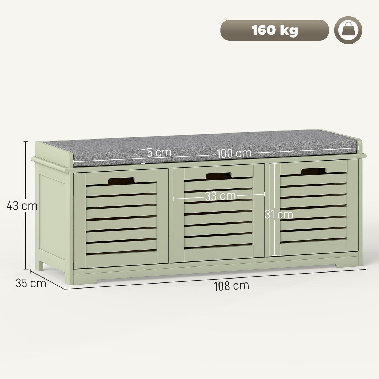 3-Drawer Shoe Storage Bench with 160kg Capacity & 3 fully pull-out drawers - Green