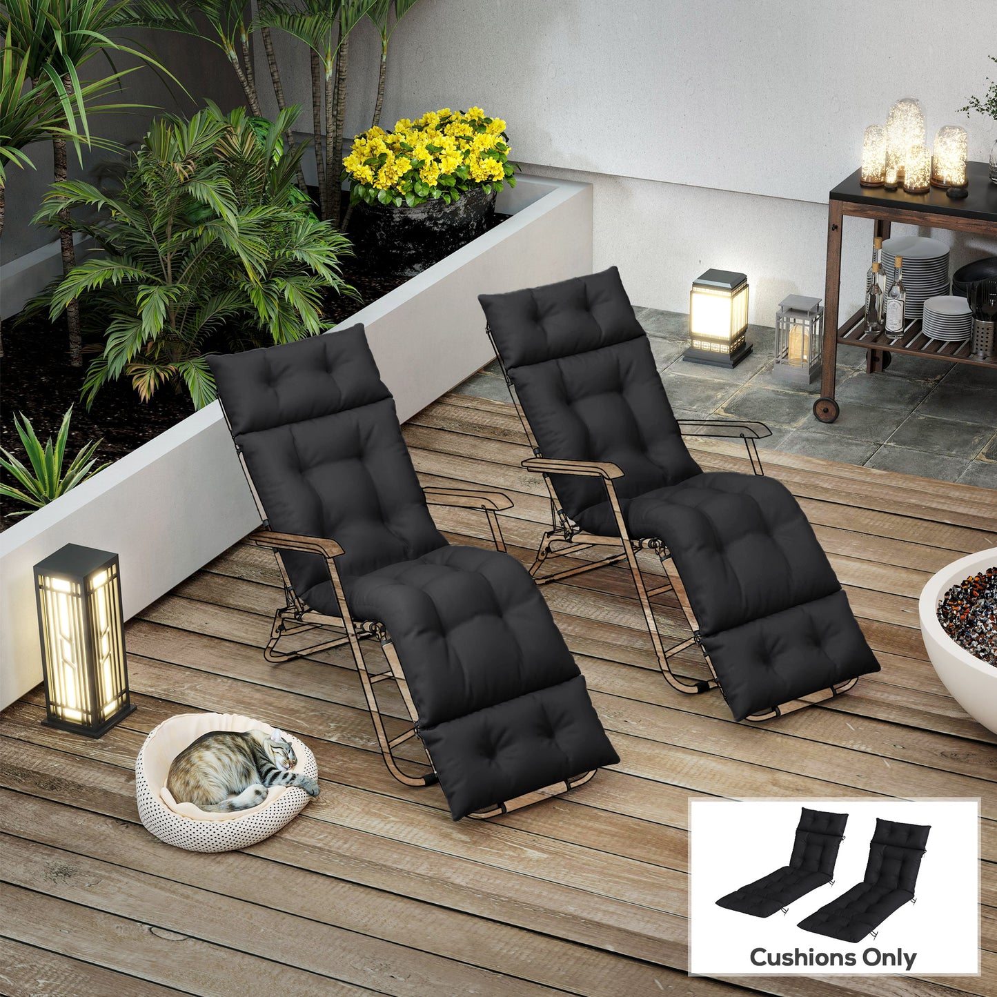 Set of Two 190 x 56cm Sun Lounger Cushions - Black