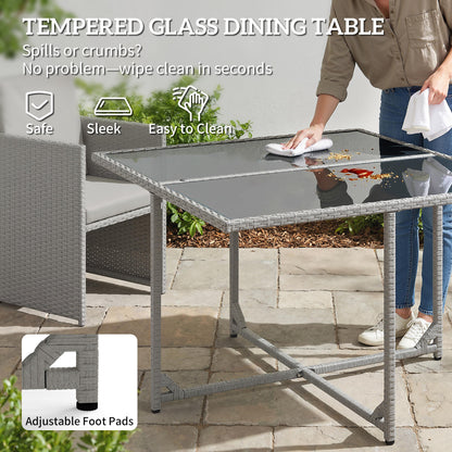 9 Piece Rattan Cube Garden Furniture Dining Set with Armchairs, Footstools and Glass-Top Table, Light Grey