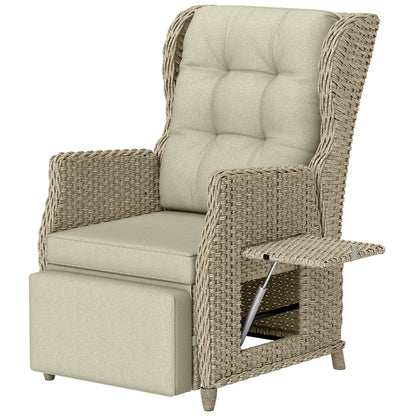 Rattan Garden Recliner Chair, Reclining Garden Chair with Adjustable Back and Footrest, Flip Table, Cushion, Brown