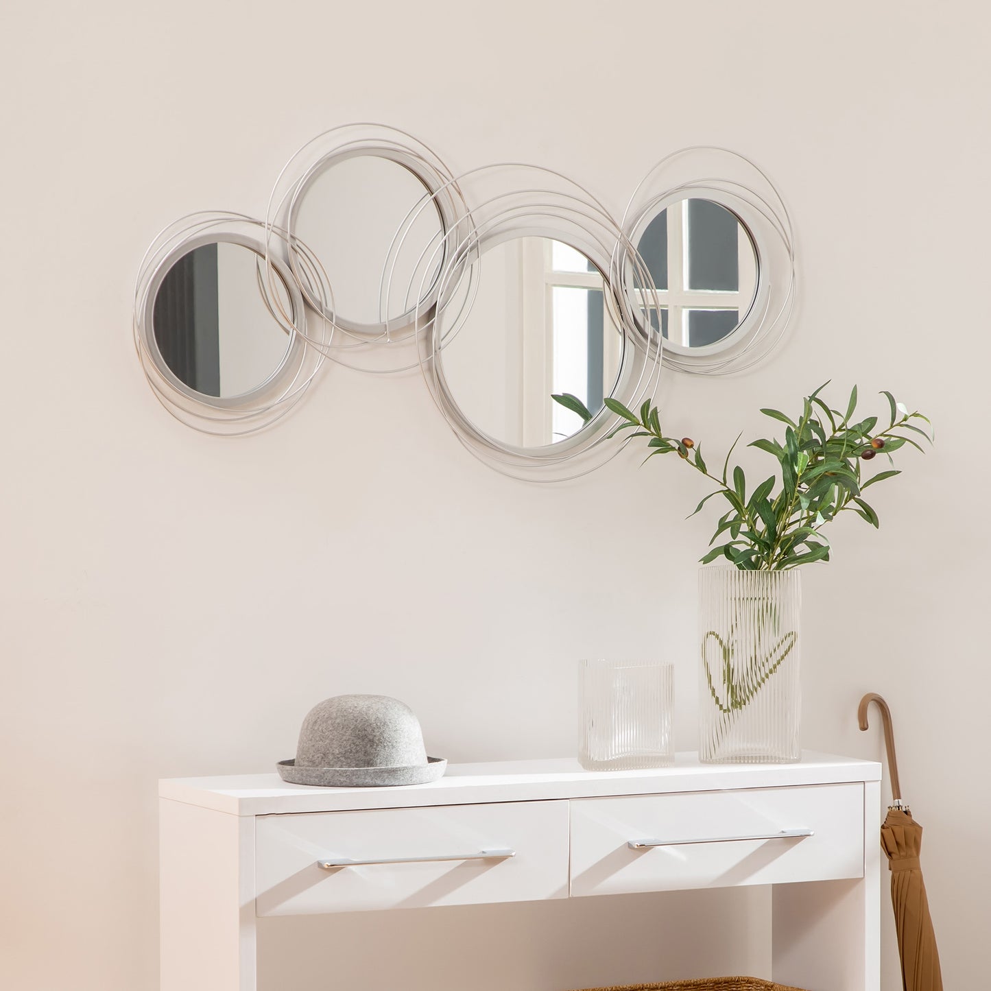 Metal Wall Art 107cm Modern Decorative Mirror Decor for Living Room Bedroom Dining Room, Silver