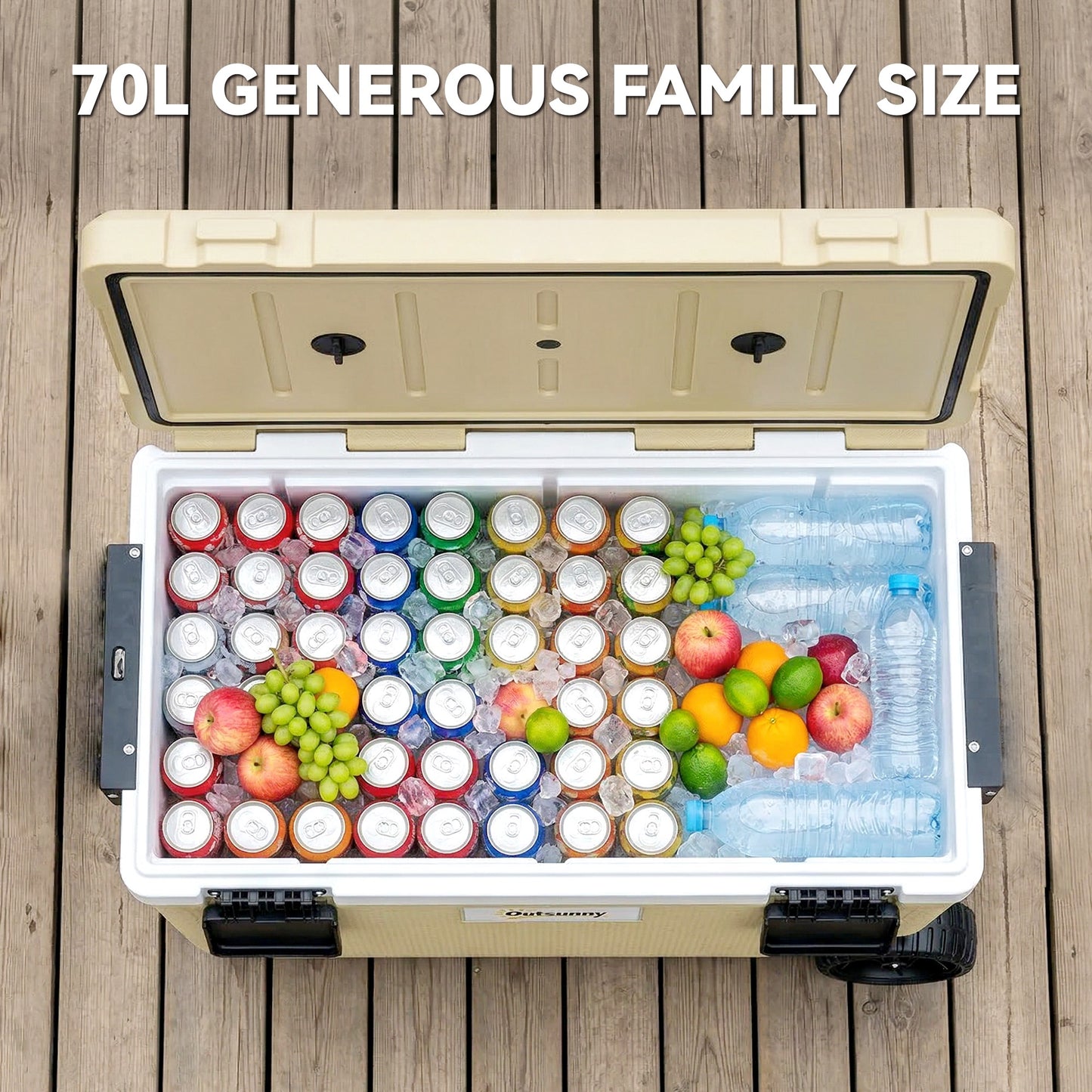 70L Insulated Cool Box with Wheels, Portable Ice Cooler with Handle, Lid and Drain Valve, Khaki