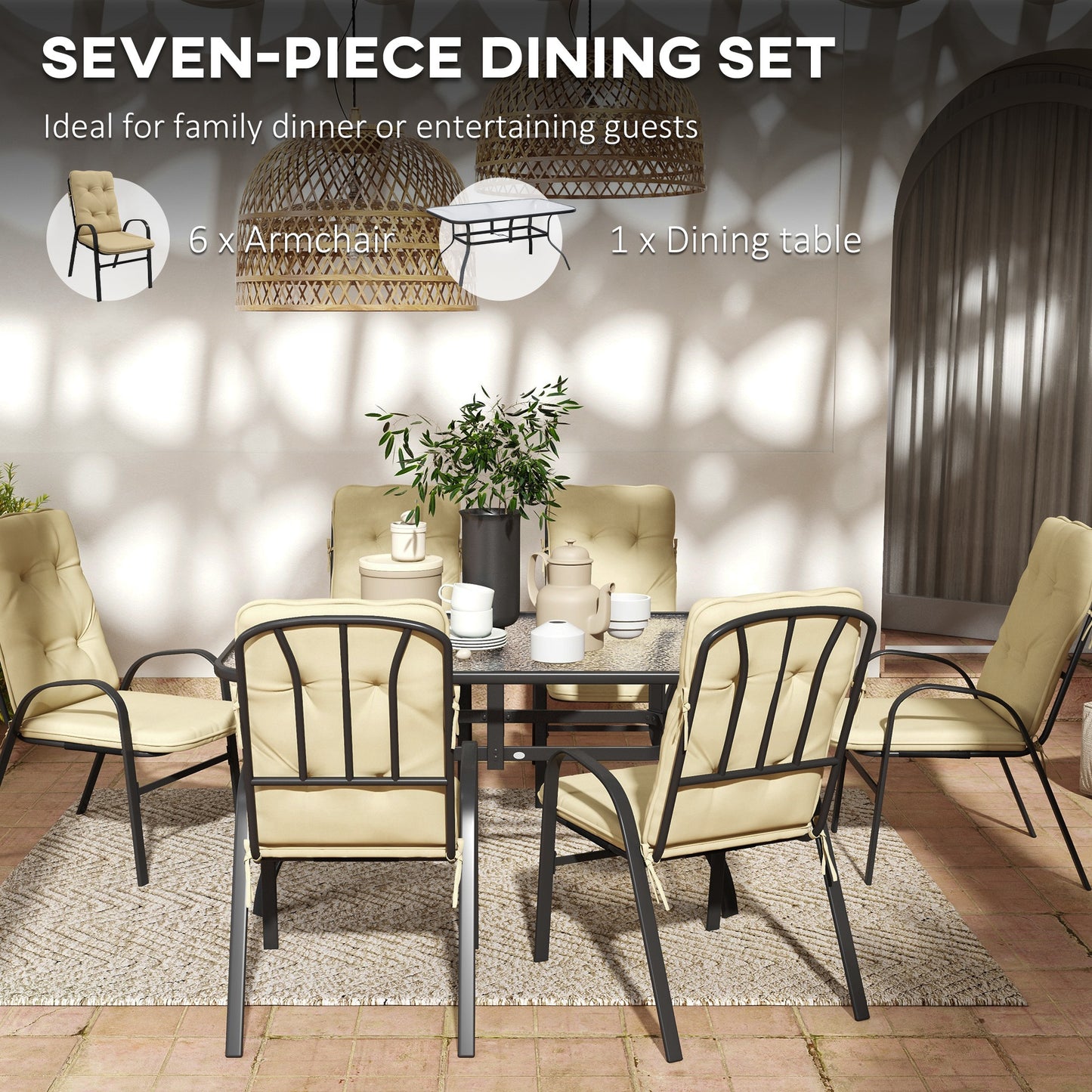 Seven-Piece Garden Dining Set with Ripple Tempered Glass Tabletop and Full-size Cushions - Beige