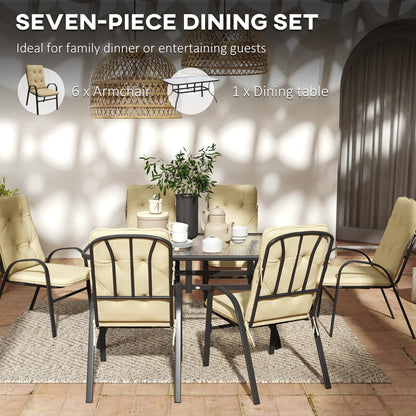 Seven-Piece Garden Dining Set with Ripple Tempered Glass Tabletop and Full-size Cushions - Beige