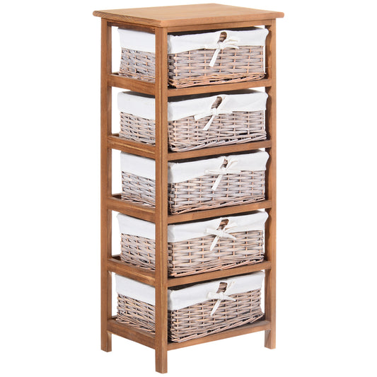 5 Drawer Dresser Wicker Basket Storage Shelf Unit Wooden Frame Home Organisation Cabinet Bedroom Office Furniture Natural Fin