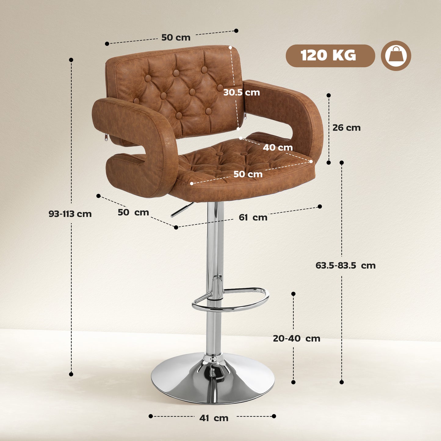 PU Leather Upholstered Swivel Bar Stool, Height Adjustable with Back, Armrest, Footrest, Brown