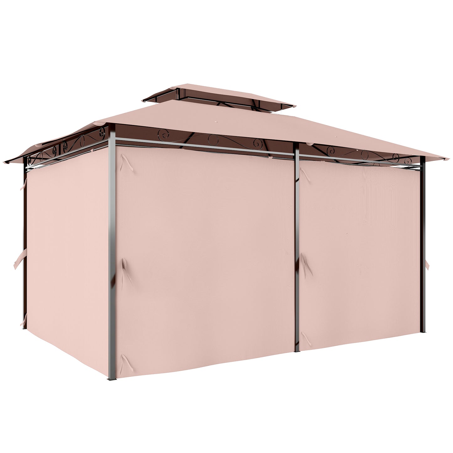4m x 3(m)Garden Gazebo, Double Roof Outdoor Gazebo Canopy Shelter with Curtains, Solid Steel Frame for Patio, Garden, Brown