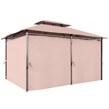 4m x 3(m)Garden Gazebo, Double Roof Outdoor Gazebo Canopy Shelter with Curtains, Solid Steel Frame for Patio, Garden, Brown