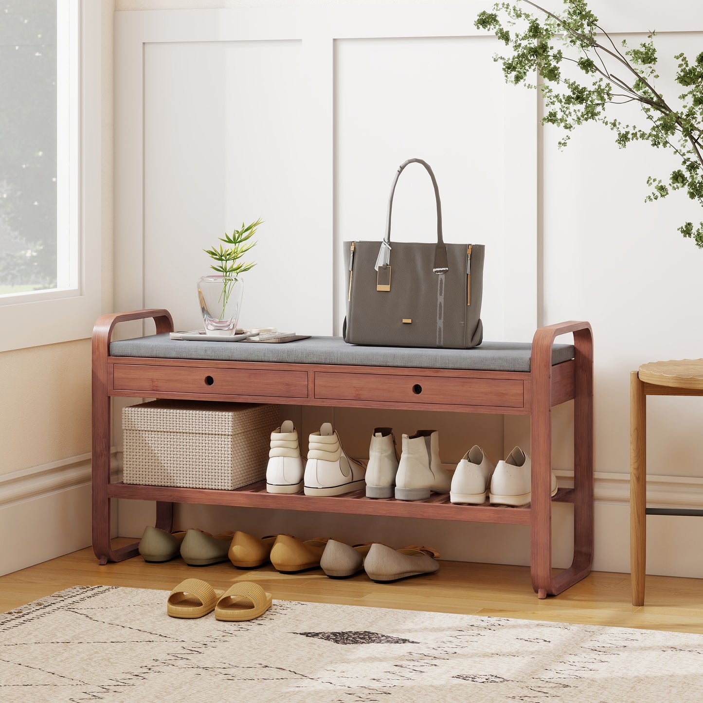 Shoe Bench with 2 Drawers Cushioned Seat Shoe Storage Bench for Hallway 105 cm Dark Brown and Grey