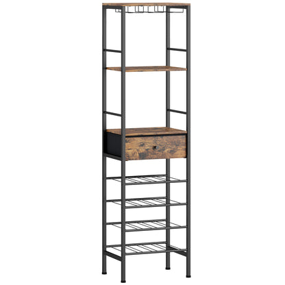 Industrial Wine Bar Cabinet Freestanding Liquor Cabinet 16-Bottle Wine Rack Glass Holder Rustic Brown