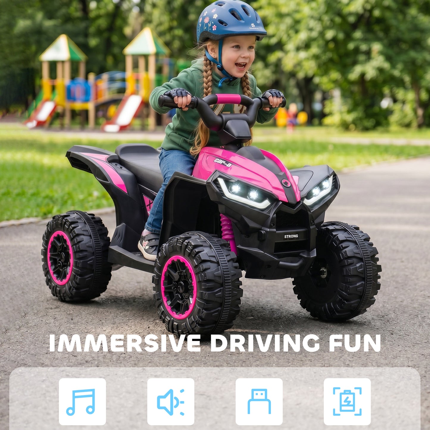 12V Ride-On Quad Bike w/ Music, Horn, for Ages 3-5 Years - Pink