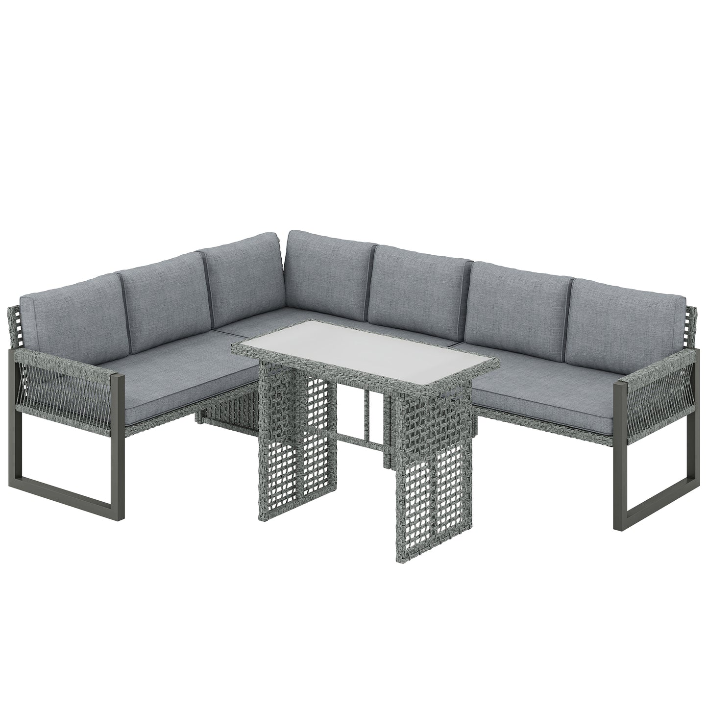 6 Seater Rattan Garden Furniture Set with 3 Loveseats, Table, Patio Rattan Corner Sofa Set, Grey