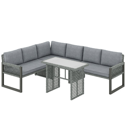 6 Seater Rattan Garden Furniture Set with 3 Loveseats, Table, Patio Rattan Corner Sofa Set, Grey