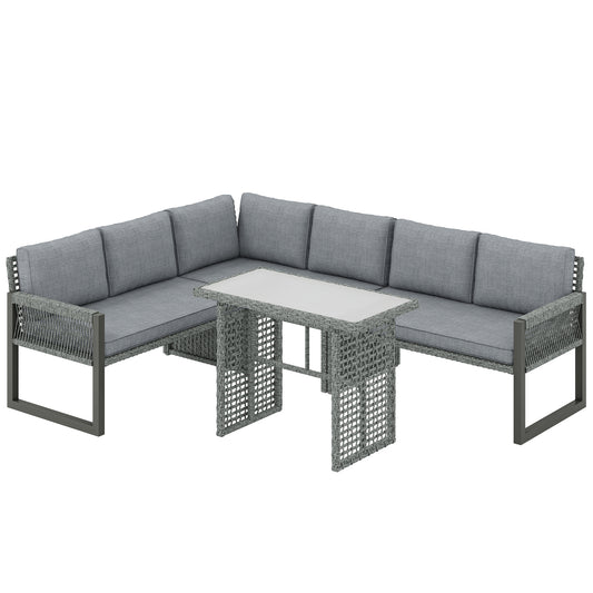 6 Seater Rattan Garden Furniture Set with 3 Loveseats, Table, Patio Rattan Corner Sofa Set, Grey