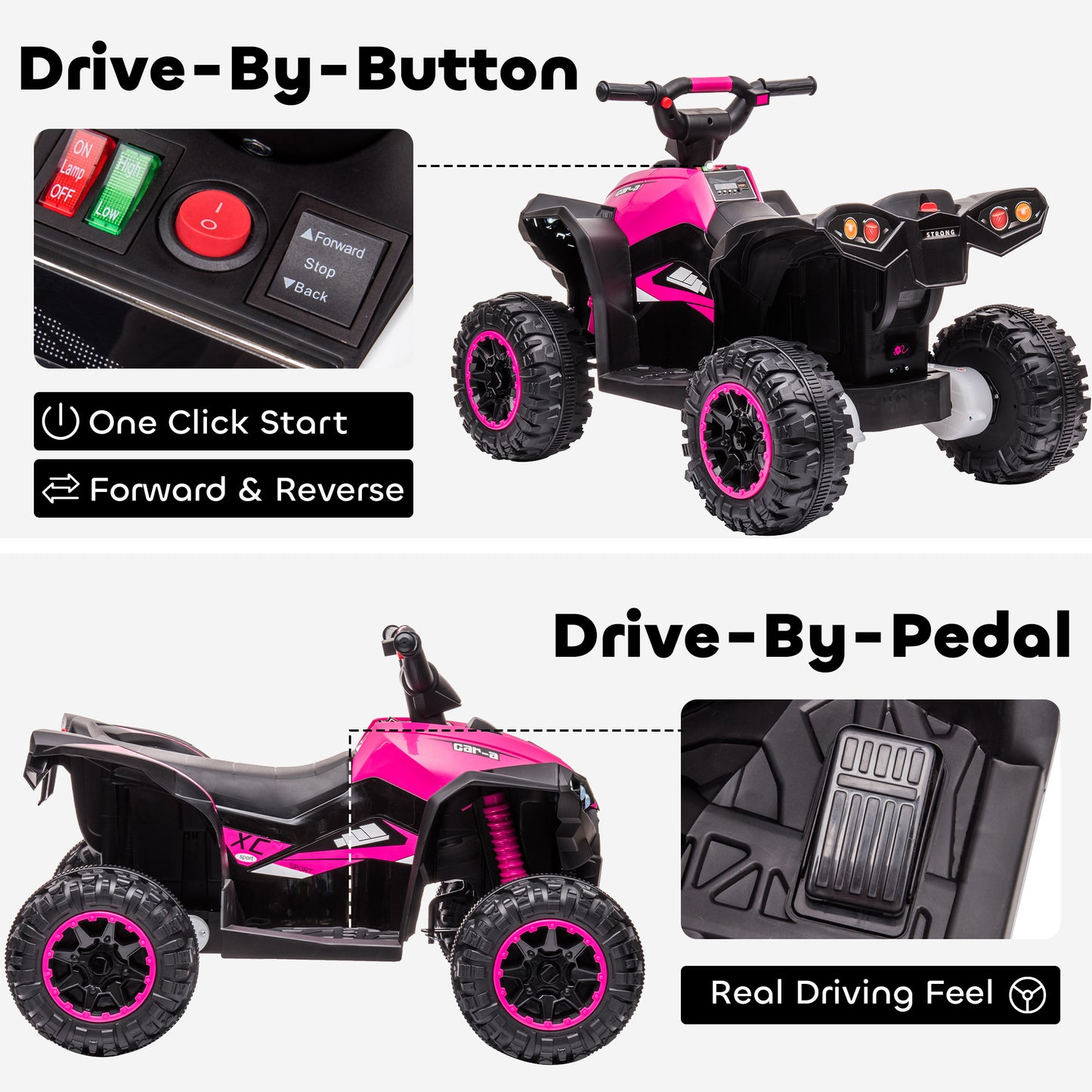 12V Ride-On Quad Bike w/ Music, Horn, for Ages 3-5 Years - Pink