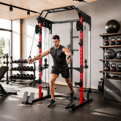 Power Cage, Power Rack with Adjustable Cable Pulley System, Pull-Up Bar, Dip Station, Landmine