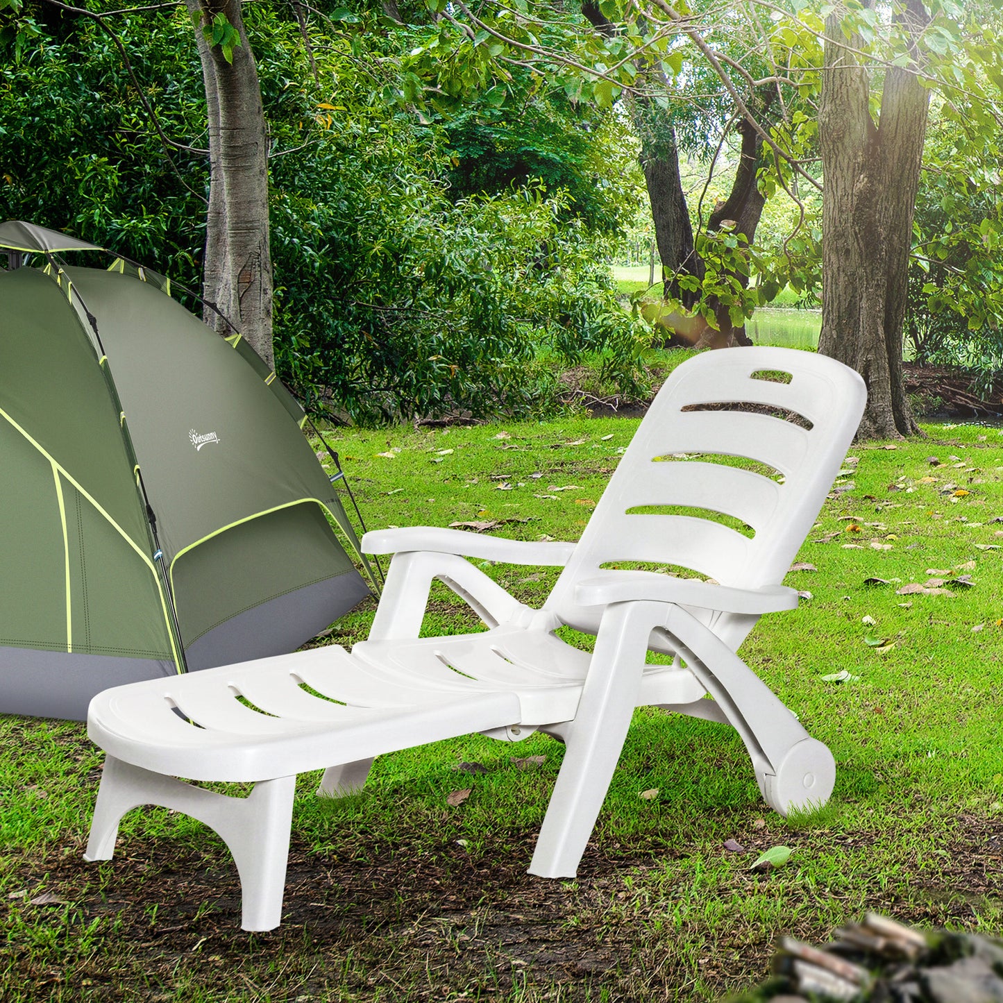 Outdoor Folding Sun Lounger Recliner on Wheels w/ 5-Position Backrest, White