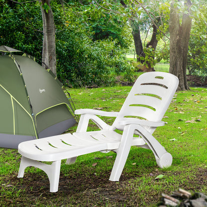 Outdoor Folding Sun Lounger Recliner on Wheels w/ 5-Position Backrest, White
