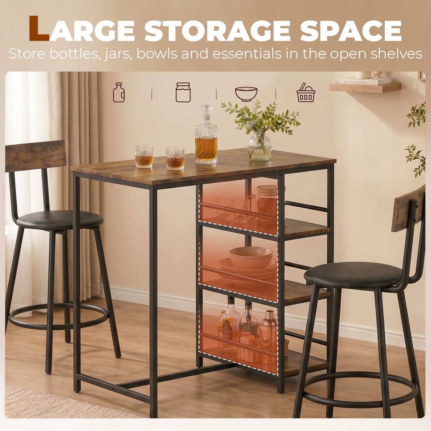 Space Saving Bar Table and PU Leather Stools for 2, 3 Piece Breakfast Bar Table Set with Storage Shelves, Rustic Brown