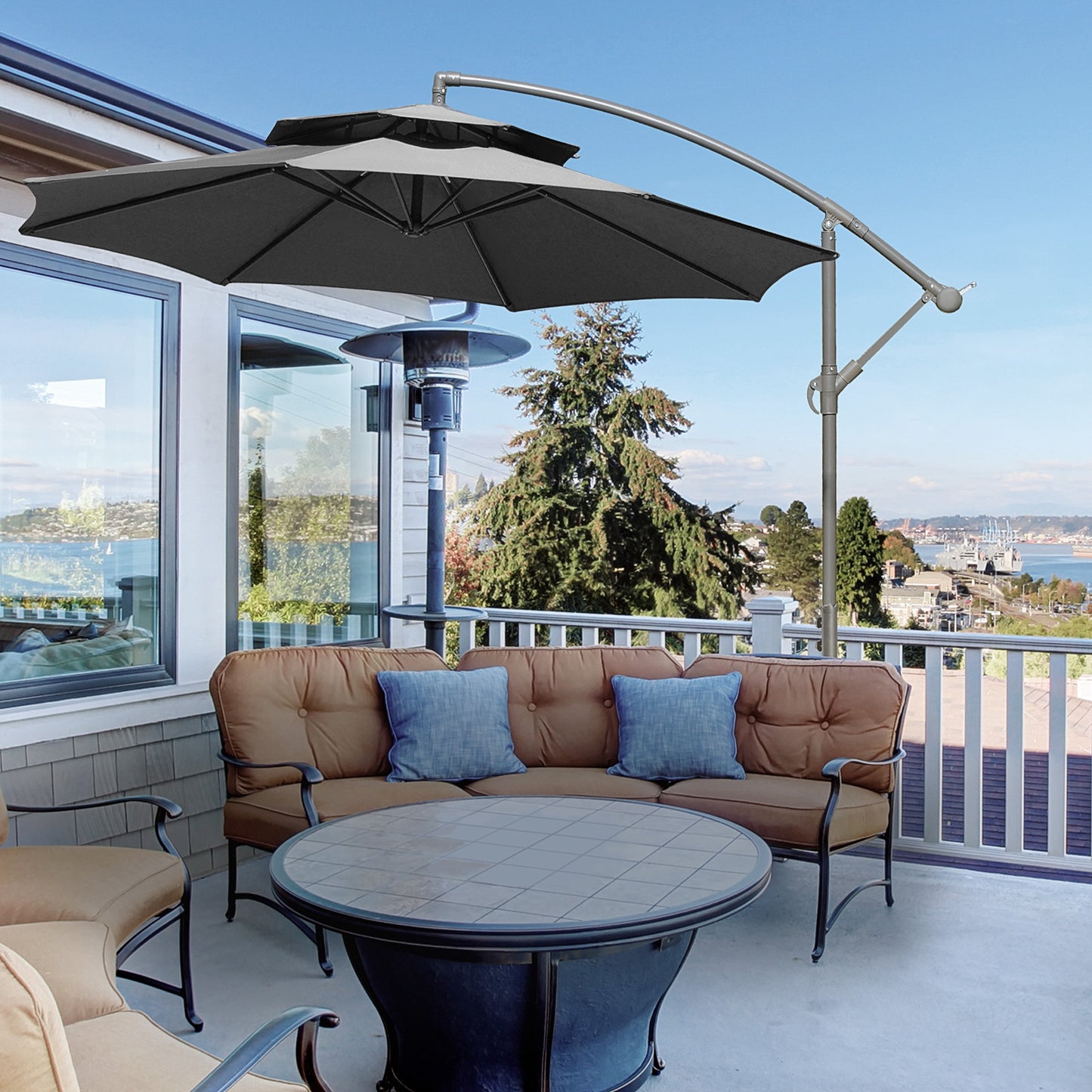 2.7m Garden Banana Parasol Cantilever Umbrella with Crank Handle, Double Tier Canopy and Cross Base for Outdoor
