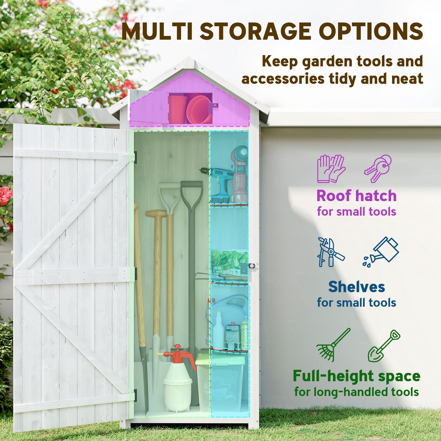 Small Shed, Tall Slim Wooden Garden Shed with 3 Removable Shelves and Roof Hatch, Compact Outdoor Tool Storage Cabinet