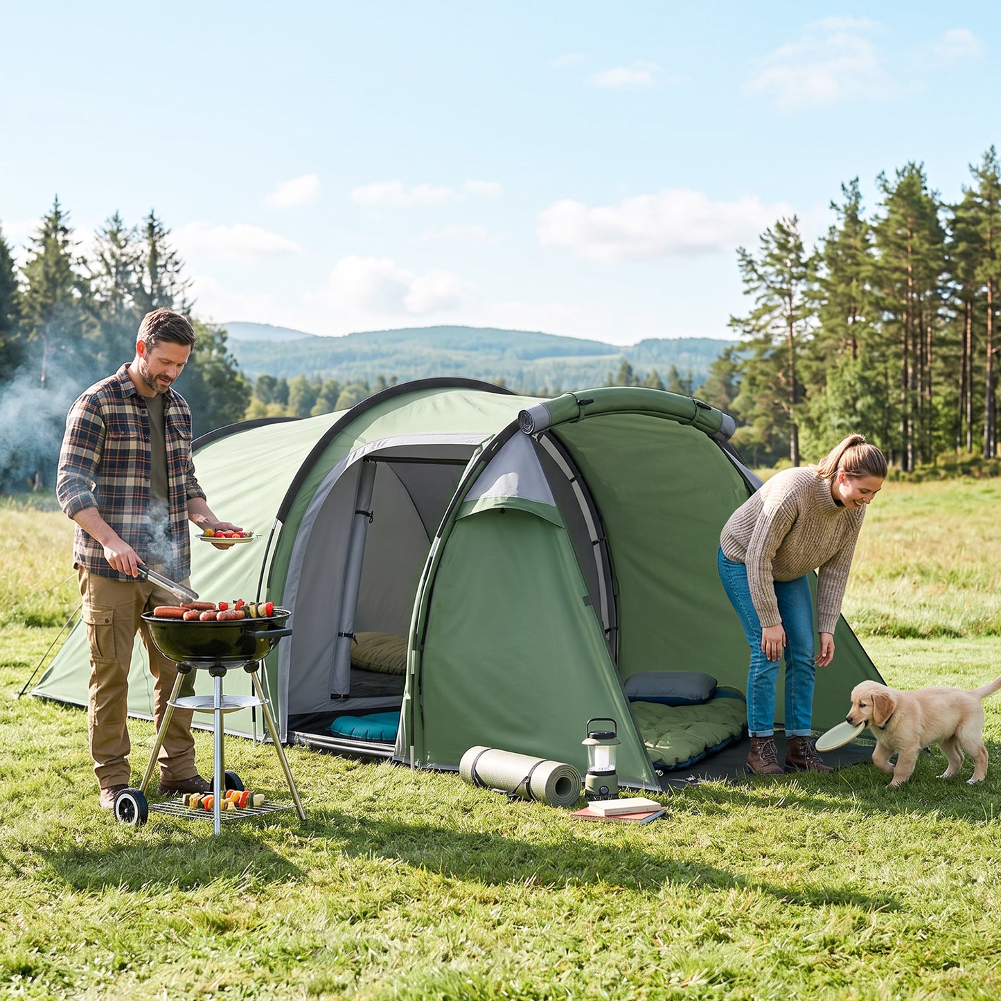 2 Man Tunnel Tent with Sewn-in Groundsheet, Air Vents, Rainfly, 2000mm Large Camping Tent with Bedroom, Porch