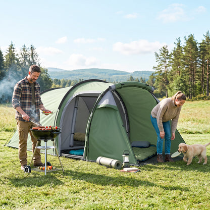 2 Man Tunnel Tent with Sewn-in Groundsheet, Air Vents, Rainfly, 2000mm Large Camping Tent with Bedroom, Porch