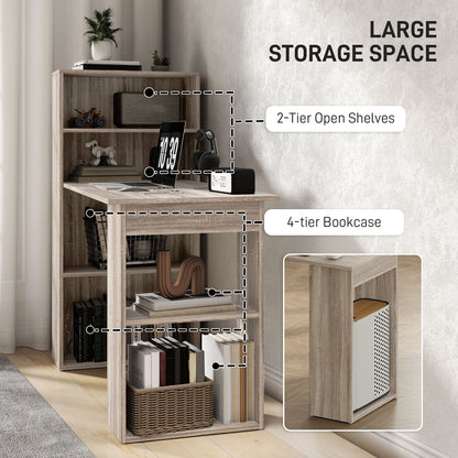 120cm Computer Desk, Wooden PC Laptop Table with 6-Tier Storage Bookshelves, Home Office Working Study Desk